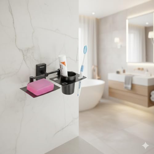 Sanmay Stainless Steel Double Victoria Bathroom Wall Mounted Soap Dish with Glass Holder - Image 3
