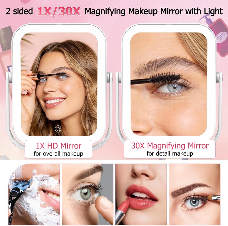 FUNTOUCH Travel Makeup Mirror with Lights, 2000mAh Rechargeable Double-Sided 10X/1X Magnifying Mirror, Portable Beauty LED Vanity Mirror, 3 Color Dimmable Lighting, Tabletop Handhold Hanging, White - Image 2