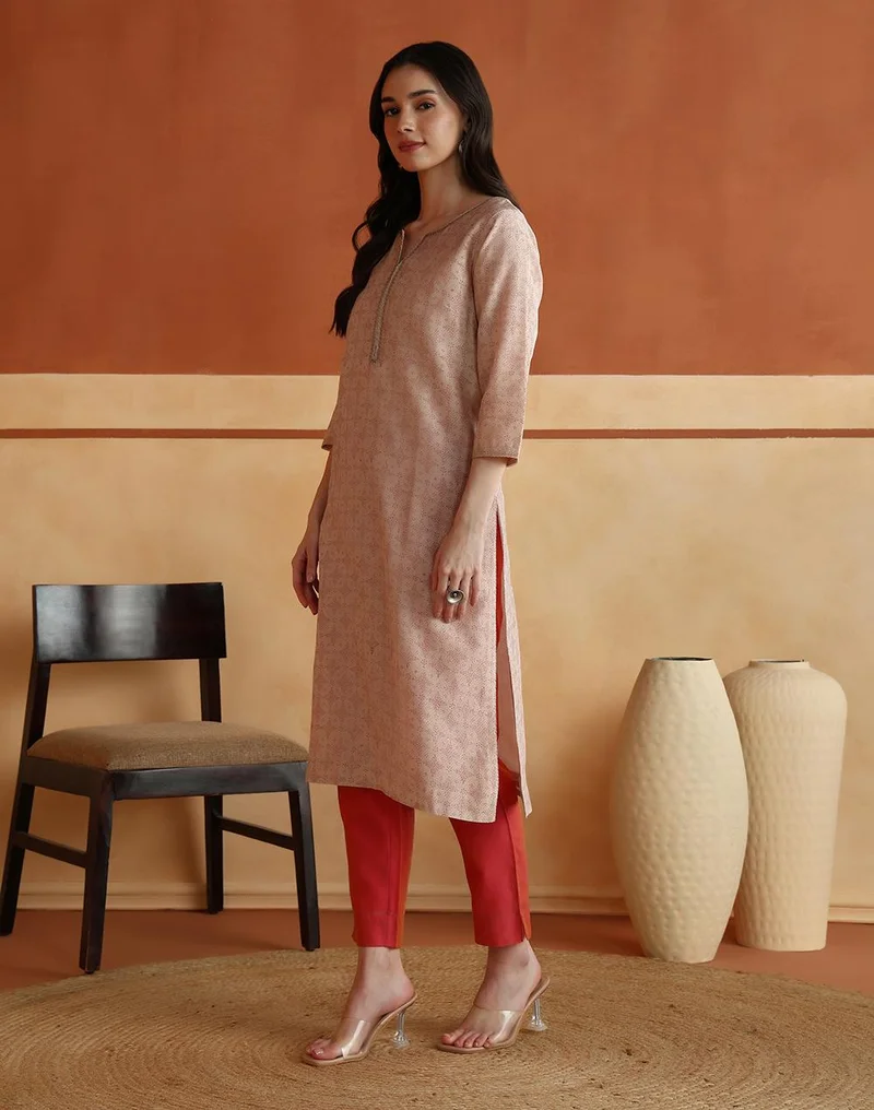 Fabindia  Pink Cotton Silk Hand Block Printed Long Kurta for Women | Best Price UAE