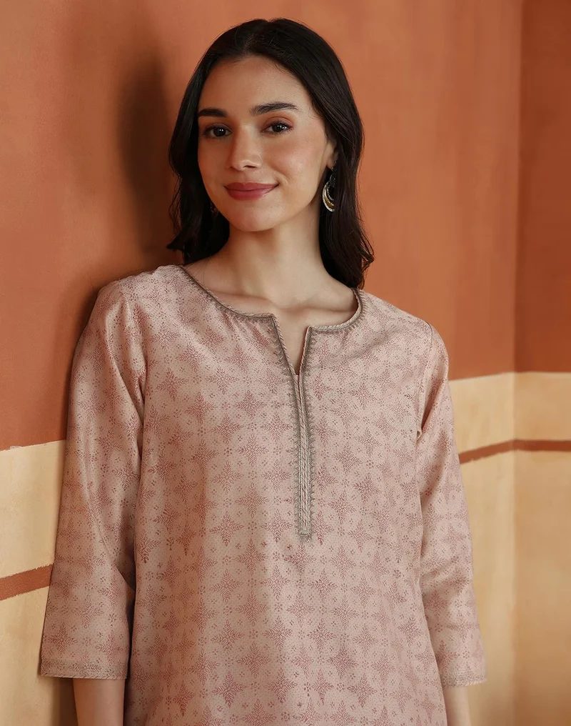 Fabindia  Pink Cotton Silk Hand Block Printed Long Kurta for Women | Best Price UAE