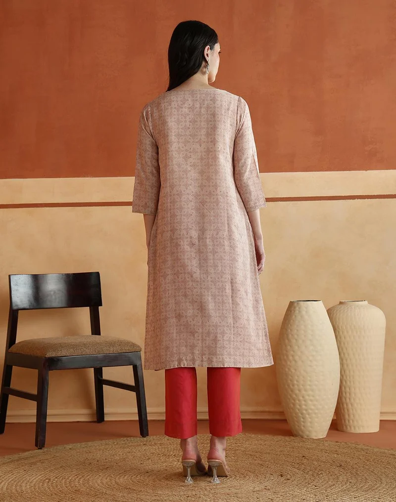 Fabindia  Pink Cotton Silk Hand Block Printed Long Kurta for Women | Best Price UAE