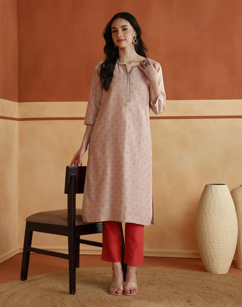 Pink Cotton Silk Hand Block Printed Long Kurta
