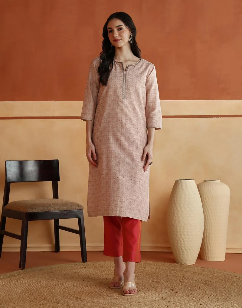 Fabindia  Pink Cotton Silk Hand Block Printed Long Kurta for Women | Best Price UAE