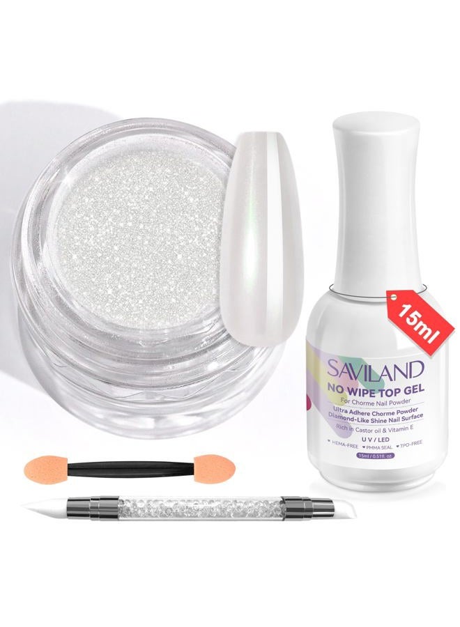 Saviland White Pearl Chrome Nail Powder Kit: 1g Metallic Mirror Effect Pearl Chrome Powder for Nails with No-wipe Top Gel & Nail Art Sculpture Pen Glossy Aurora Chrome Nail Powder for Gel Polish DIY - Image 1