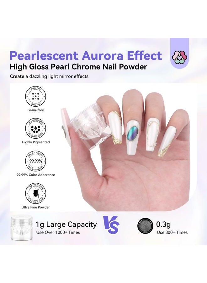 Saviland White Pearl Chrome Nail Powder Kit: 1g Metallic Mirror Effect Pearl Chrome Powder for Nails with No-wipe Top Gel & Nail Art Sculpture Pen Glossy Aurora Chrome Nail Powder for Gel Polish DIY - Image 2