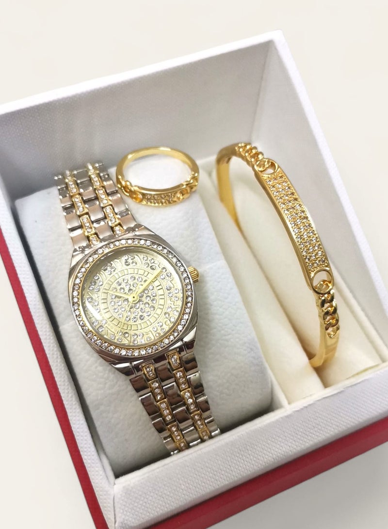 ريفولي طقم نسائي ذهبي تتكون من ساعة وسوارة وخاتم ستانلس ستيل - Image 3