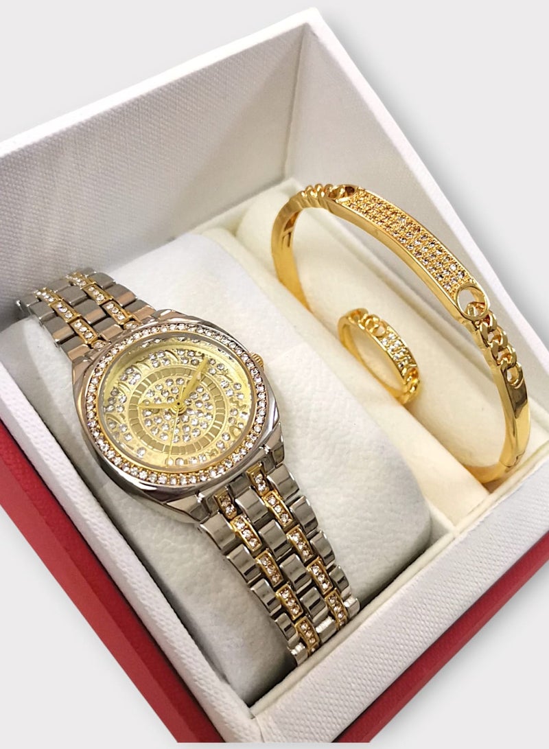 ريفولي طقم نسائي ذهبي تتكون من ساعة وسوارة وخاتم ستانلس ستيل - Image 4