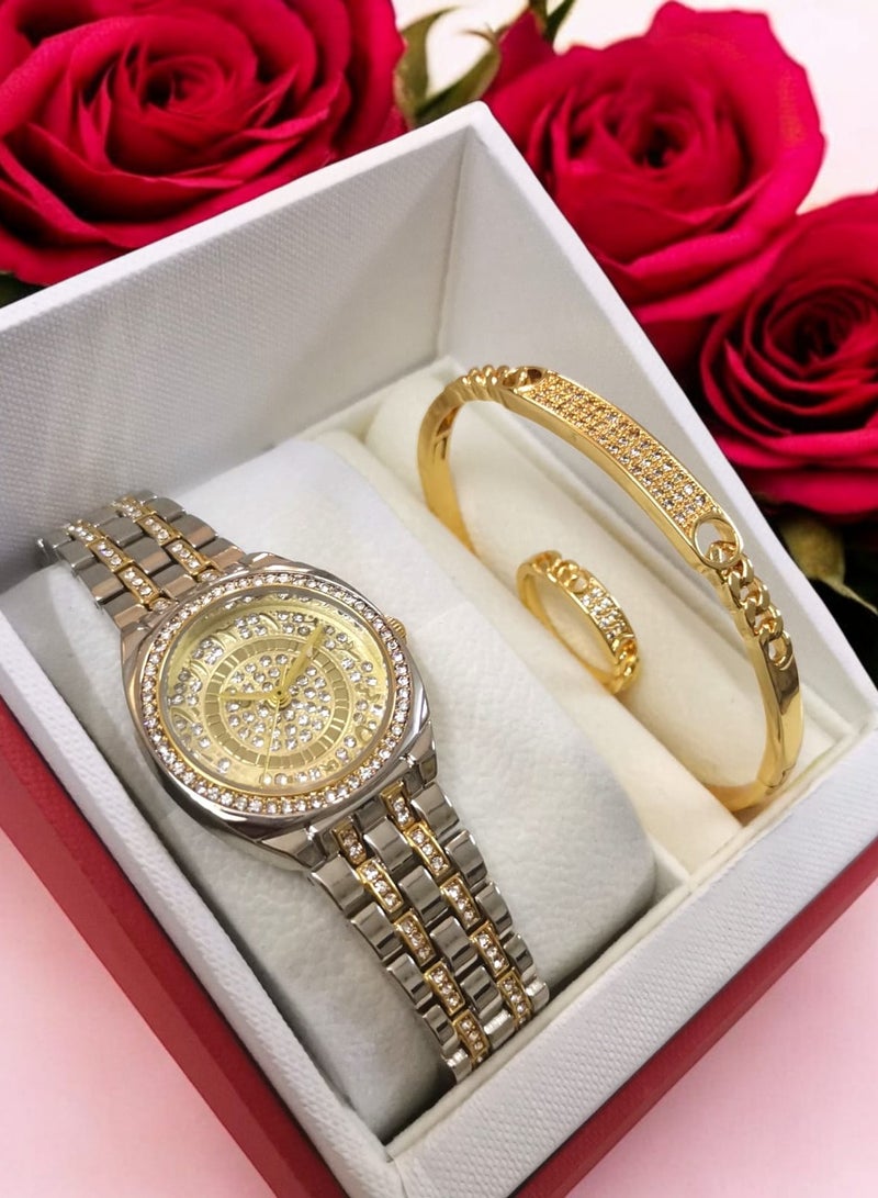 ريفولي طقم نسائي ذهبي تتكون من ساعة وسوارة وخاتم ستانلس ستيل - Image 1