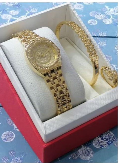 Women's gold set consisting of a watch, bracelet and stainless steel ring