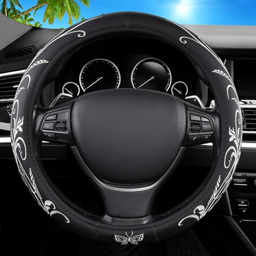 FBLOWMOD Car Leather Steering Wheel Cover - Panapi Material, Universal 14.5-15 Inch Leather Anti-Slip Breathable Auto Steering Wheel Covers for Men Women (Embroidery-White) - Image 1