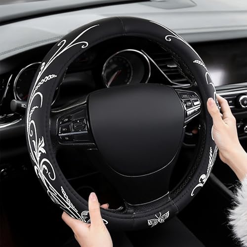FBLOWMOD Car Leather Steering Wheel Cover - Panapi Material, Universal 14.5-15 Inch Leather Anti-Slip Breathable Auto Steering Wheel Covers for Men Women (Embroidery-White) - Image 3