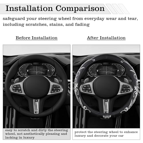 FBLOWMOD Car Leather Steering Wheel Cover - Panapi Material, Universal 14.5-15 Inch Leather Anti-Slip Breathable Auto Steering Wheel Covers for Men Women (Embroidery-White) - Image 5