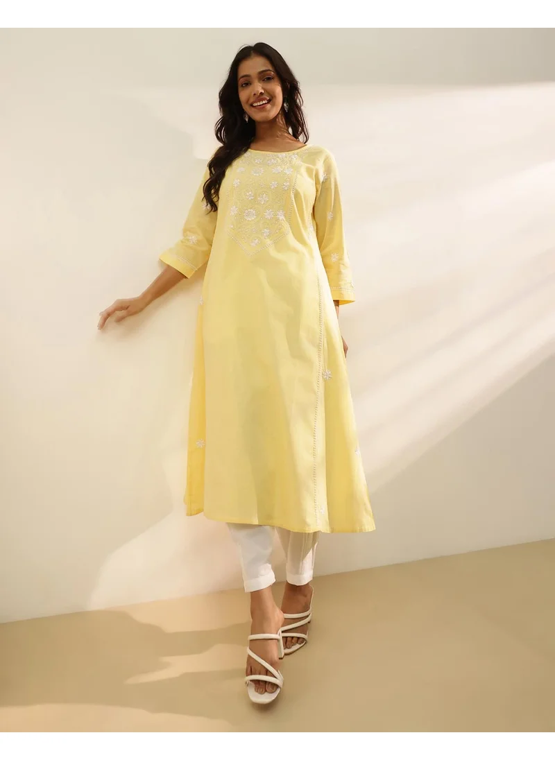 Fabindia Yellow Cotton Chikankari Long Kurta