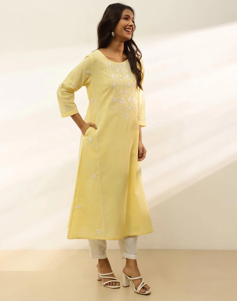 Fabindia Yellow Cotton Chikankari Long Kurta