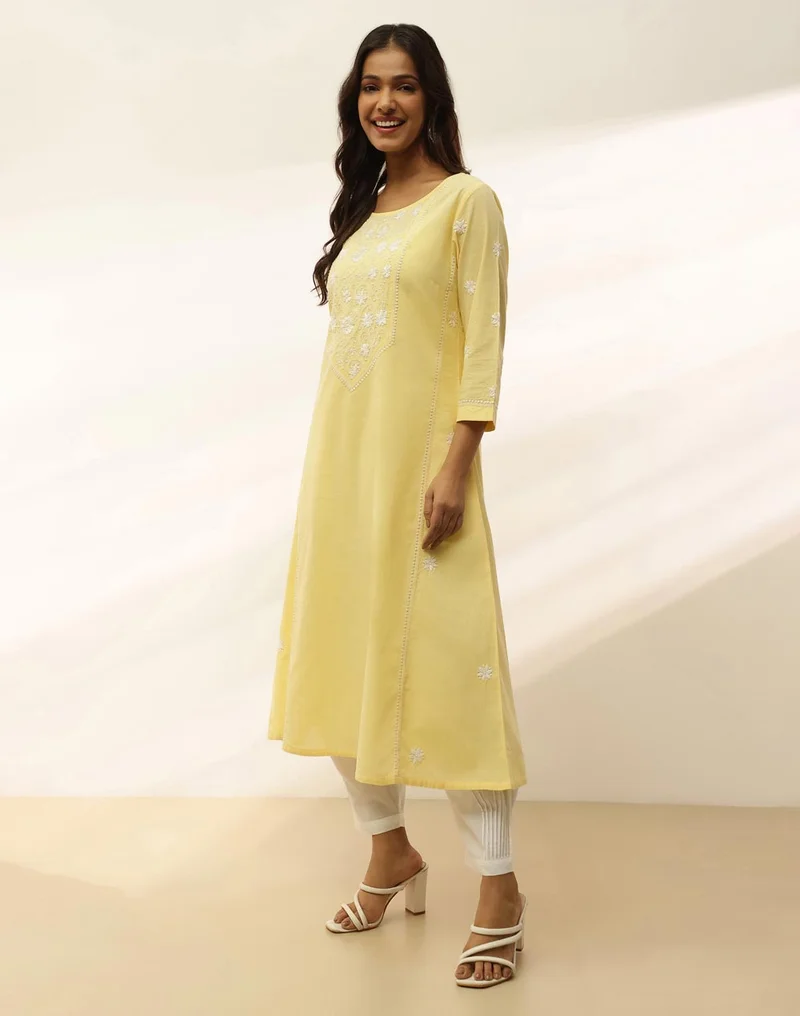 Fabindia Yellow Cotton Chikankari Long Kurta