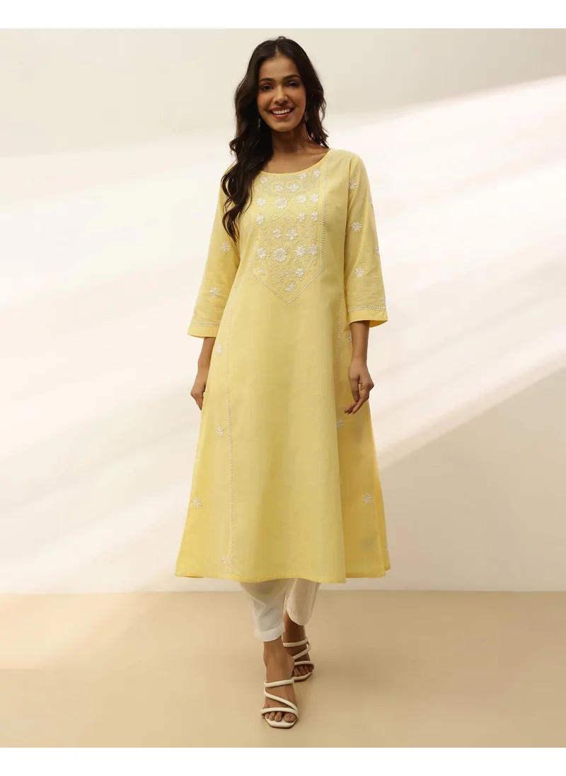 Fabindia Yellow Cotton Chikankari Long Kurta