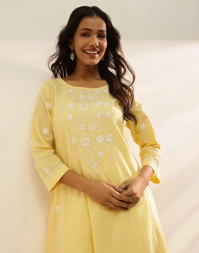 Fabindia Yellow Cotton Chikankari Long Kurta