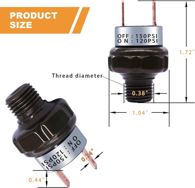 mankk Air Pressure Switch 120-150 PSI Thread 1/8" NPT 24V 12V DC Air Compressor Pressure Switch for Air Horn Train 120-150-1/8" NPT-BK - Image 3