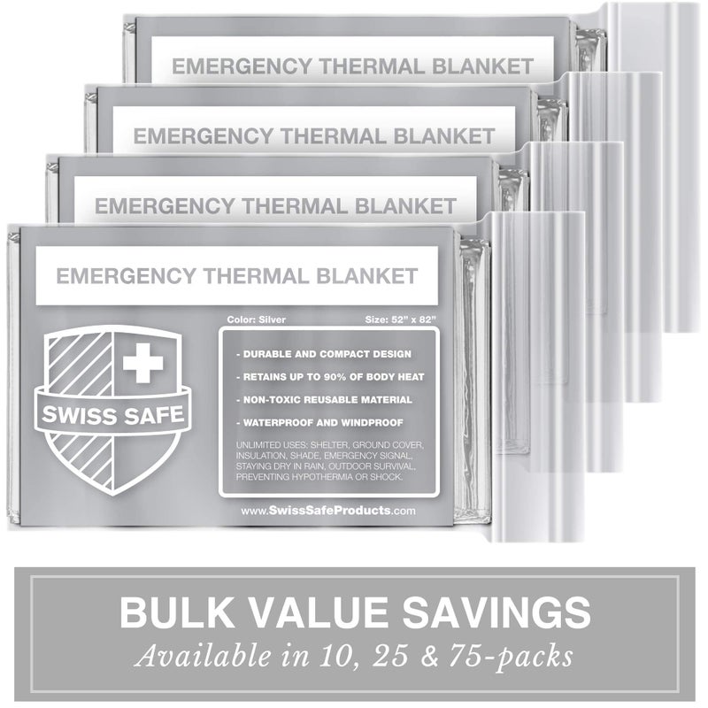 Swiss Safe Emergency Mylar Thermal Blankets + Bonus Space Blanket - Compact & Insulated for Cold Weather - Designed for NASA, Outdoor Camping, Survival, First Aid Car Kit - Silver, 75 Pack - Image 2