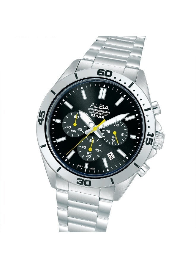Alba Active Chronograph Men’s Watch AT3K81X1, 43 mm Black Dial, Stainless Steel Case & Bracelet, 100 m WR - Image 2