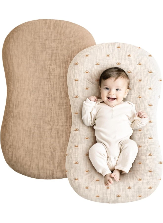 Konssy Muslin Baby Lounger Cover 2 Pack, 100% Cotton Newborn Lounger Cover, Soft and Breathable Baby Nest Slipcover for Boys Girls (Camel,Sun) - Image 1