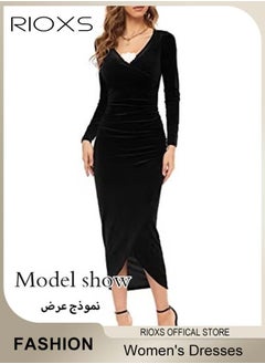 RIOXS Women's Dresses, V-neck Wrap Hip Skirt Long Sleeves Bodycon Dresses, Elegant Fishtail Dress, Evening Dress, Party Wedding Maxi Dress For Party Club Night, Dresses For Ladies Mom Wife  - Image 3