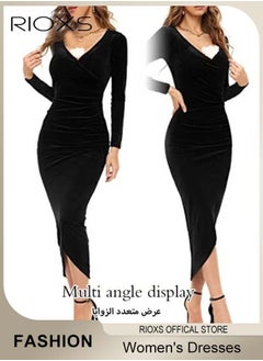 RIOXS Women's Dresses, V-neck Wrap Hip Skirt Long Sleeves Bodycon Dresses, Elegant Fishtail Dress, Evening Dress, Party Wedding Maxi Dress For Party Club Night, Dresses For Ladies Mom Wife  - Image 4