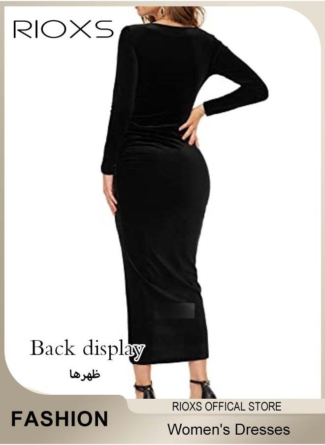 RIOXS Women's Dresses, V-neck Wrap Hip Skirt Long Sleeves Bodycon Dresses, Elegant Fishtail Dress, Evening Dress, Party Wedding Maxi Dress For Party Club Night, Dresses For Ladies Mom Wife  - Image 5