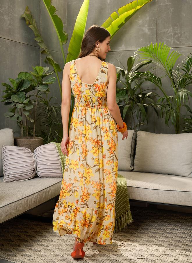 ساسافراس فستان طويل بطبعة زهور بدون أكمام - Image 5