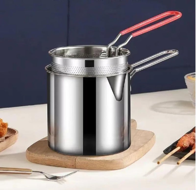 Kgeorix Stainless Steel Deep Frying Strainer & Oil Basket with Fryer Tong - Mini Mesh Fryer Pot for French Fries, Pakoras, Snacks & Food Straining - pack of 1 - Image 1