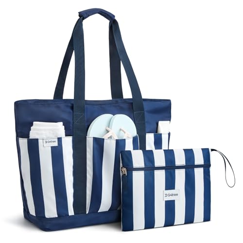 G4Free Beach BagWaterproof Beach Tote Pool Bags for WomenLarge Capacity Foldable for Weekender Travel Blue white stripe - Image 1