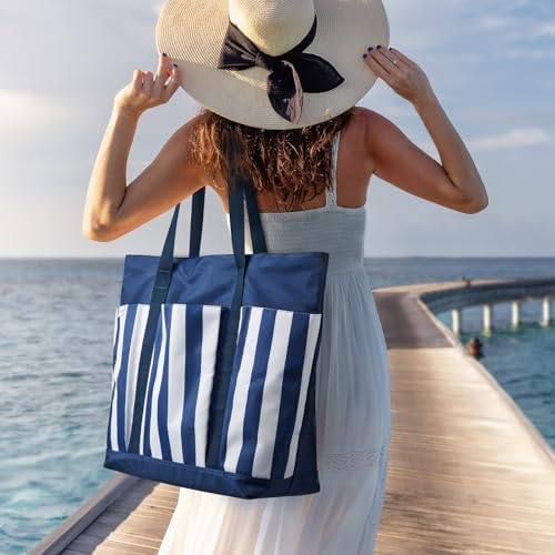 G4Free Beach BagWaterproof Beach Tote Pool Bags for WomenLarge Capacity Foldable for Weekender Travel Blue white stripe - Image 3