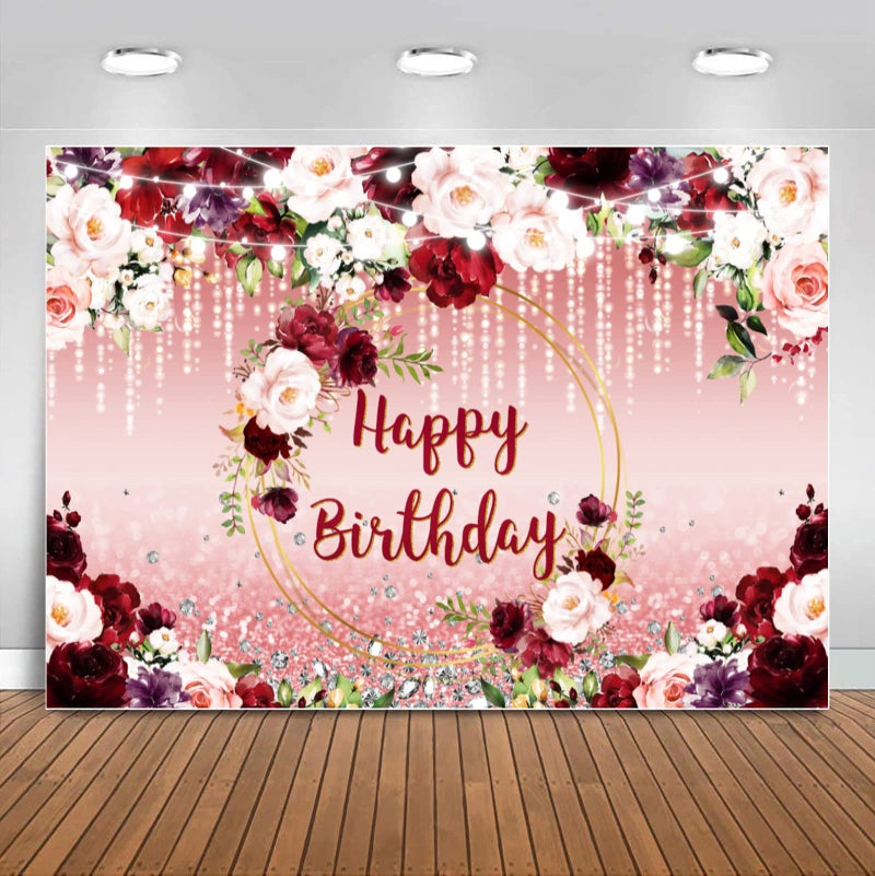 Sensfun Burgundy Floral Birthday Backdrop Pink Rose Gold Flower Glitter Dot Happy Birthday Banner Photography Background for Women Girls Birthday Party Decorations Supplies Photo Booth Backdrops 7x5ft - Image 1