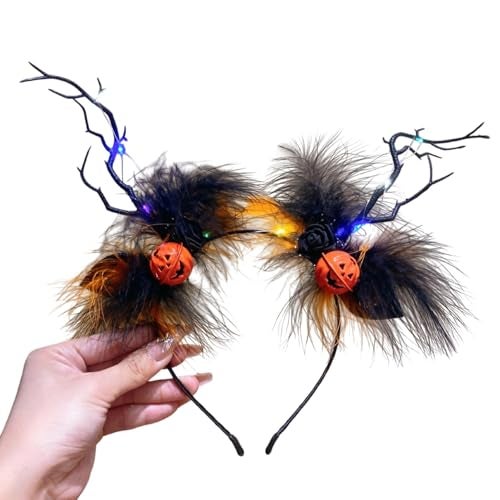 TLISMI Halloween Pumpkin Antler Headband with LED Lights for Women & Girls | Spooky Black Feather Cosplay Costume Hair Accessory with Glowing Pumpkins, Branch Antlers & Roses for Themed Party - Image 1