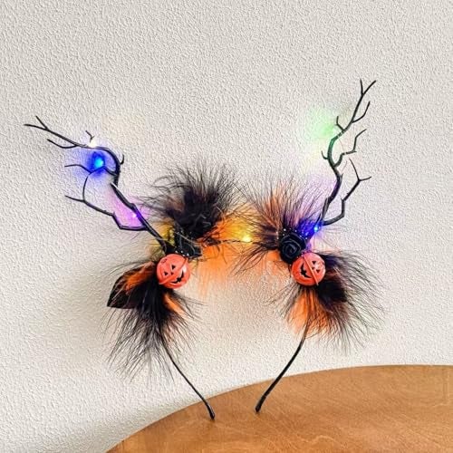 TLISMI Halloween Pumpkin Antler Headband with LED Lights for Women & Girls | Spooky Black Feather Cosplay Costume Hair Accessory with Glowing Pumpkins, Branch Antlers & Roses for Themed Party - Image 2
