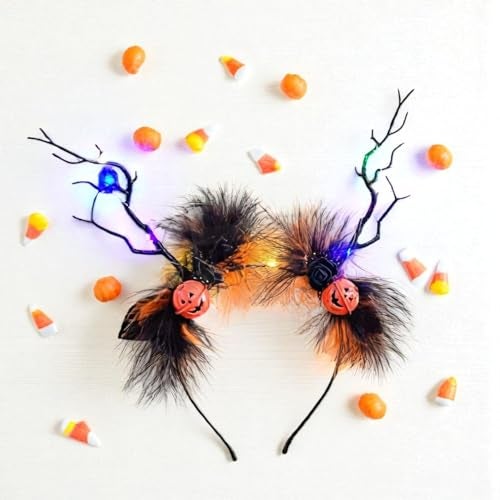 TLISMI Halloween Pumpkin Antler Headband with LED Lights for Women & Girls | Spooky Black Feather Cosplay Costume Hair Accessory with Glowing Pumpkins, Branch Antlers & Roses for Themed Party - Image 5