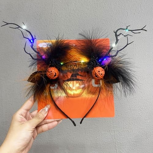 TLISMI Halloween Pumpkin Antler Headband with LED Lights for Women & Girls | Spooky Black Feather Cosplay Costume Hair Accessory with Glowing Pumpkins, Branch Antlers & Roses for Themed Party - Image 4