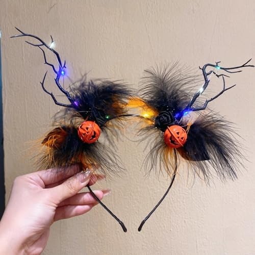 TLISMI Halloween Pumpkin Antler Headband with LED Lights for Women & Girls | Spooky Black Feather Cosplay Costume Hair Accessory with Glowing Pumpkins, Branch Antlers & Roses for Themed Party - Image 3
