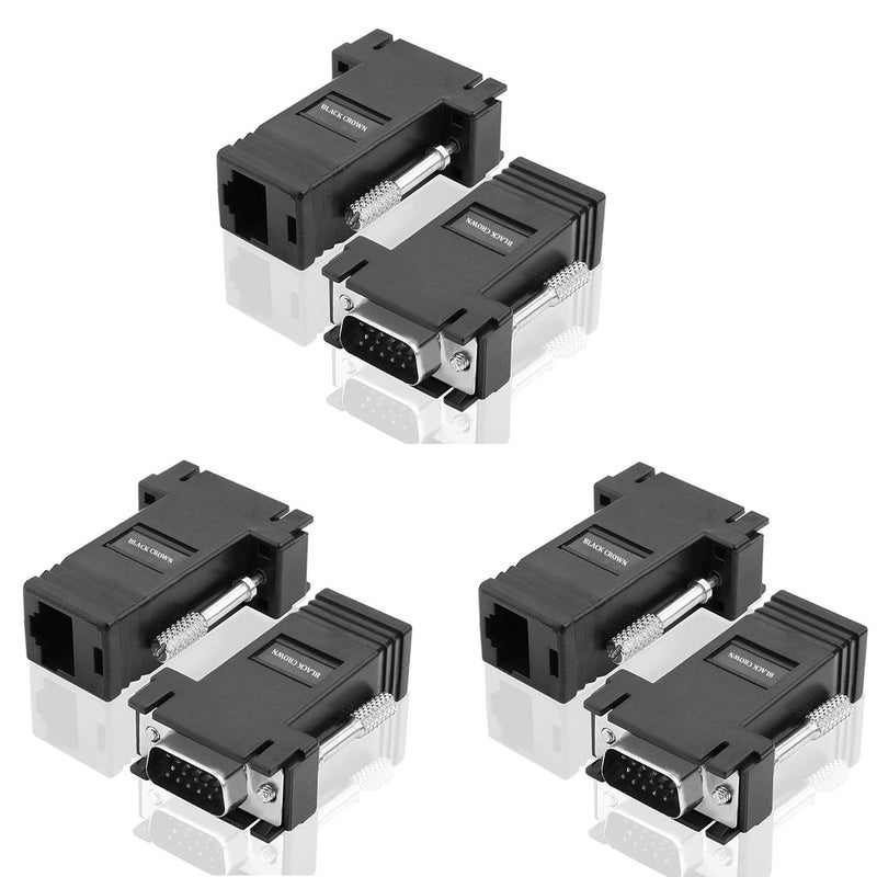 Black Crown VGA Male to RJ45 Female Converter, VGA to LAN Extender VGA RGB HDB Male to LAN CAT5 CAT6 RJ45 Net Cable Female Adapter. Black. (3 Pair) - Image 1