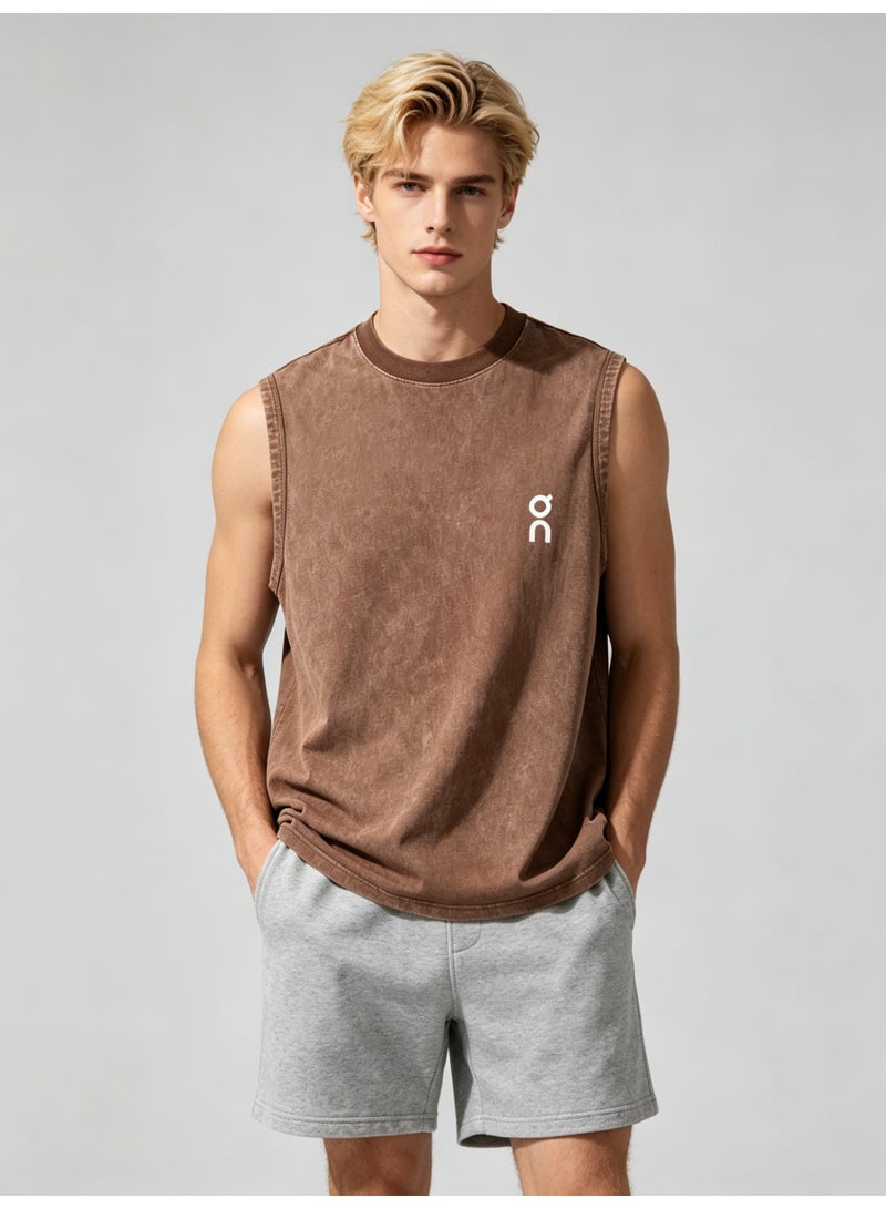 On Running Men’s Vintage Washed Brown Sleeveless White Logo Crew Neck Tank Top - Image 1