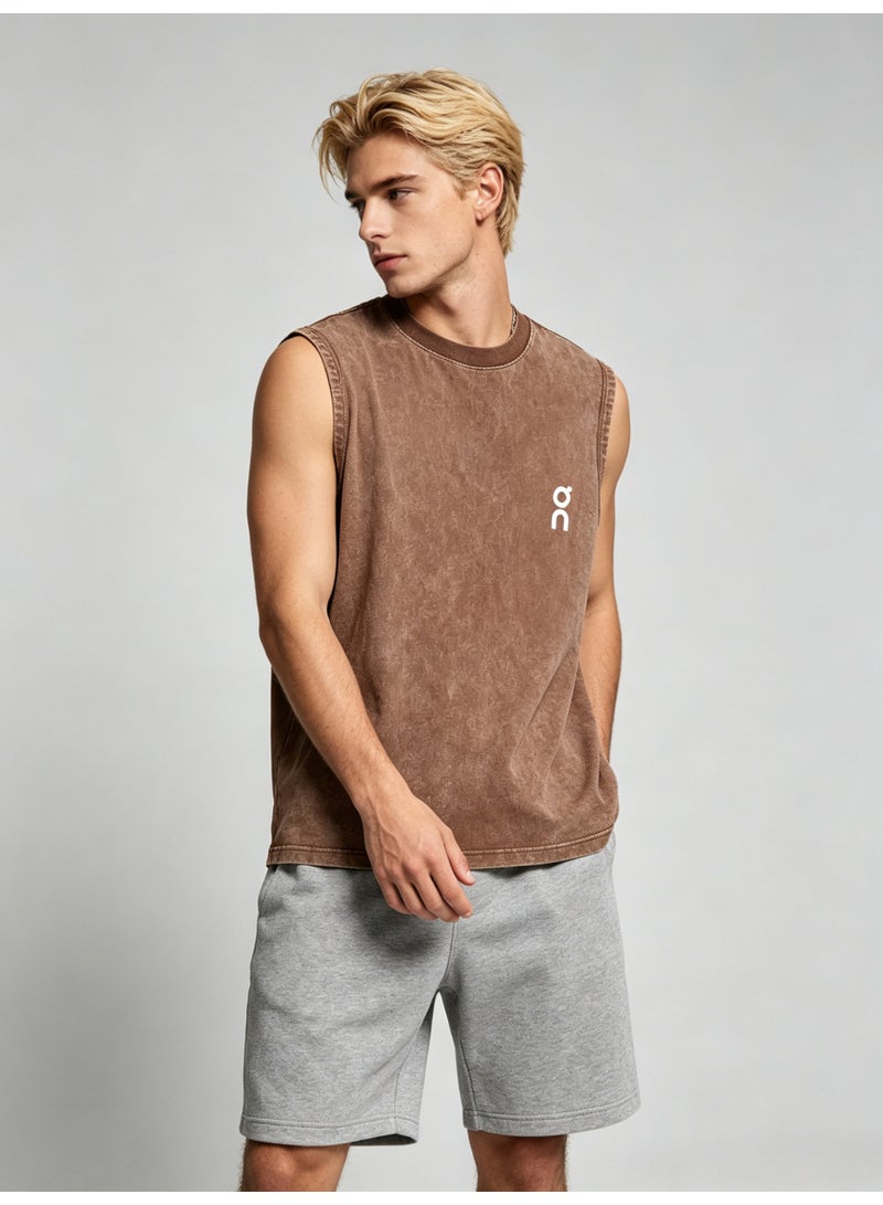 On Running Men’s Vintage Washed Brown Sleeveless White Logo Crew Neck Tank Top - Image 4
