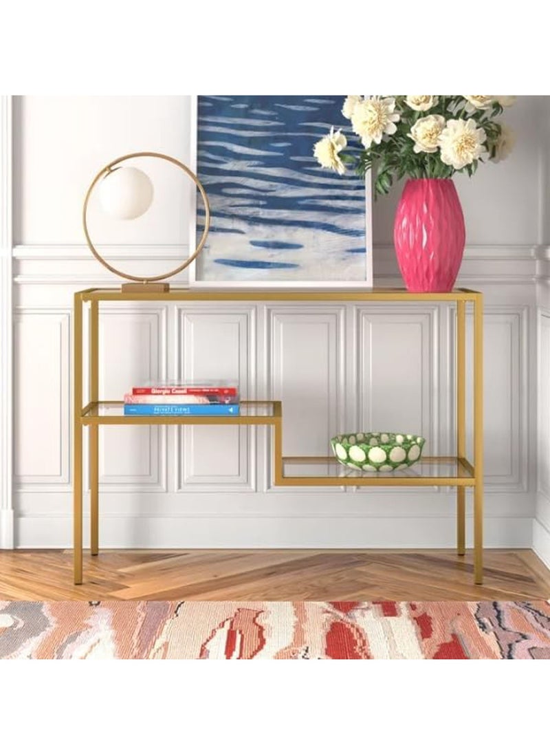 LINGWEI Console Table Hallway Console Table with Clear Glass Shelves and Gold Metal Frame For Home Living room Gold 120x80x40cm  - Image 1