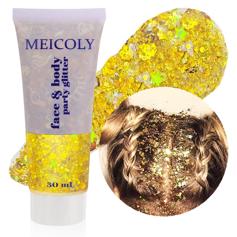 MEICOLY ميكولي جلتر ذهبي للجسم، جلتر وجه أصفر، أزياء مهرجان الموسيقى للنساء، جلتر شعر للأطفال لمكياج هالوين، جلتر وجه وجسم متلألئ لحفلات مغنيي البلد، إكسسوارات ماردى غرا - Image 1