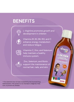VITAGO Kids L-Arginine Growth Syrup to Increase Height and Multivitamin for Girls - 150ml  - Image 3