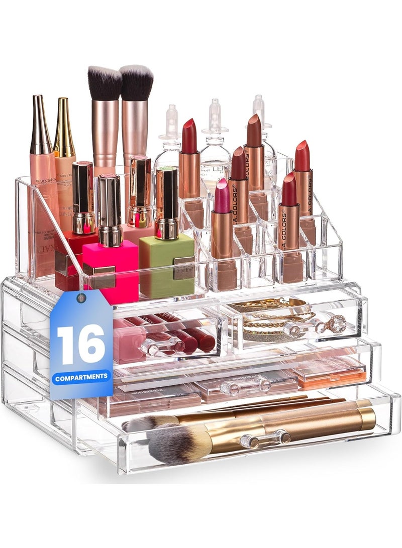 منظم تخزين مستحضرات التجميل الشفاف - رتّبي مستحضرات التجميل والمجوهرات وإكسسوارات الشعر بسهولة. يضفي لمسة أنيقة على طاولة الزينة أو حوض الحمام أو خزانة الملابس. تصميم شفاف لسهولة الرؤية. - Image 1