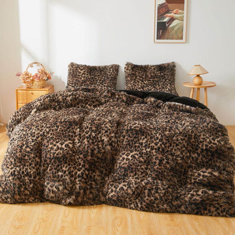 XeGe Fluffy Faux Fur Cheetah Print Duvet Cover Set, 1 Plush Fuzzy Soft Leopard Comforter Cover and 2 Furry Pillowcases, 3 Pieces Luxury Farmhouse Shaggy Bedding Set with Zipper, Brown and Black, King - Image 1