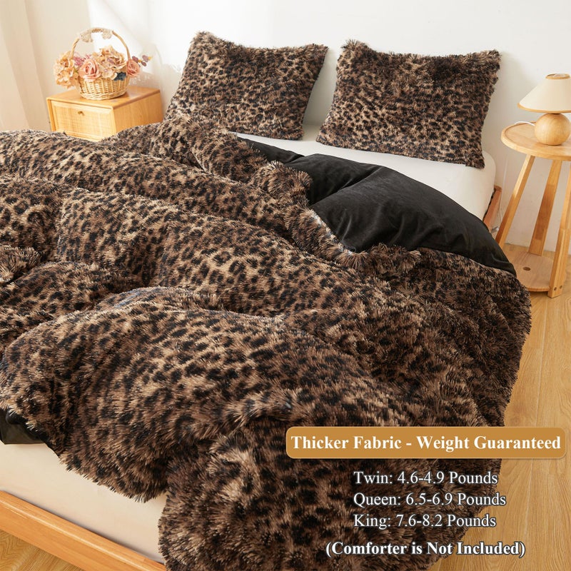 XeGe Fluffy Faux Fur Cheetah Print Duvet Cover Set, 1 Plush Fuzzy Soft Leopard Comforter Cover and 2 Furry Pillowcases, 3 Pieces Luxury Farmhouse Shaggy Bedding Set with Zipper, Brown and Black, King - Image 3