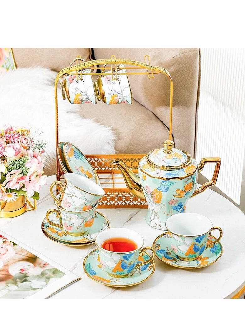 جوسكوين 14 قطع من أكواب القهوة البريطانية البورسلان مع أطباق الشاي والقدر حامل معدني، خدمة لـ 6، تصميم زهري أنيق باللون الأزرق، مجموعة شاي للنساء، مجموعة حفلة شاي، عبية هدية - Image 1