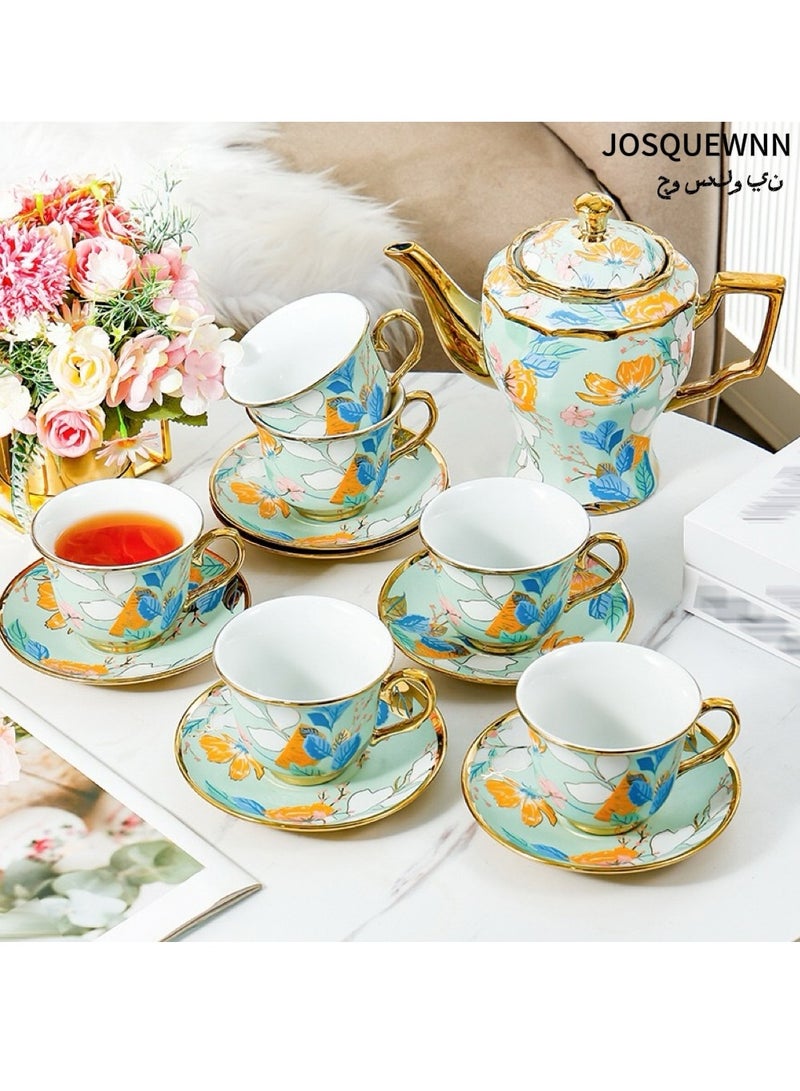 جوسكوين 14 قطع من أكواب القهوة البريطانية البورسلان مع أطباق الشاي والقدر حامل معدني، خدمة لـ 6، تصميم زهري أنيق باللون الأزرق، مجموعة شاي للنساء، مجموعة حفلة شاي، عبية هدية - Image 2