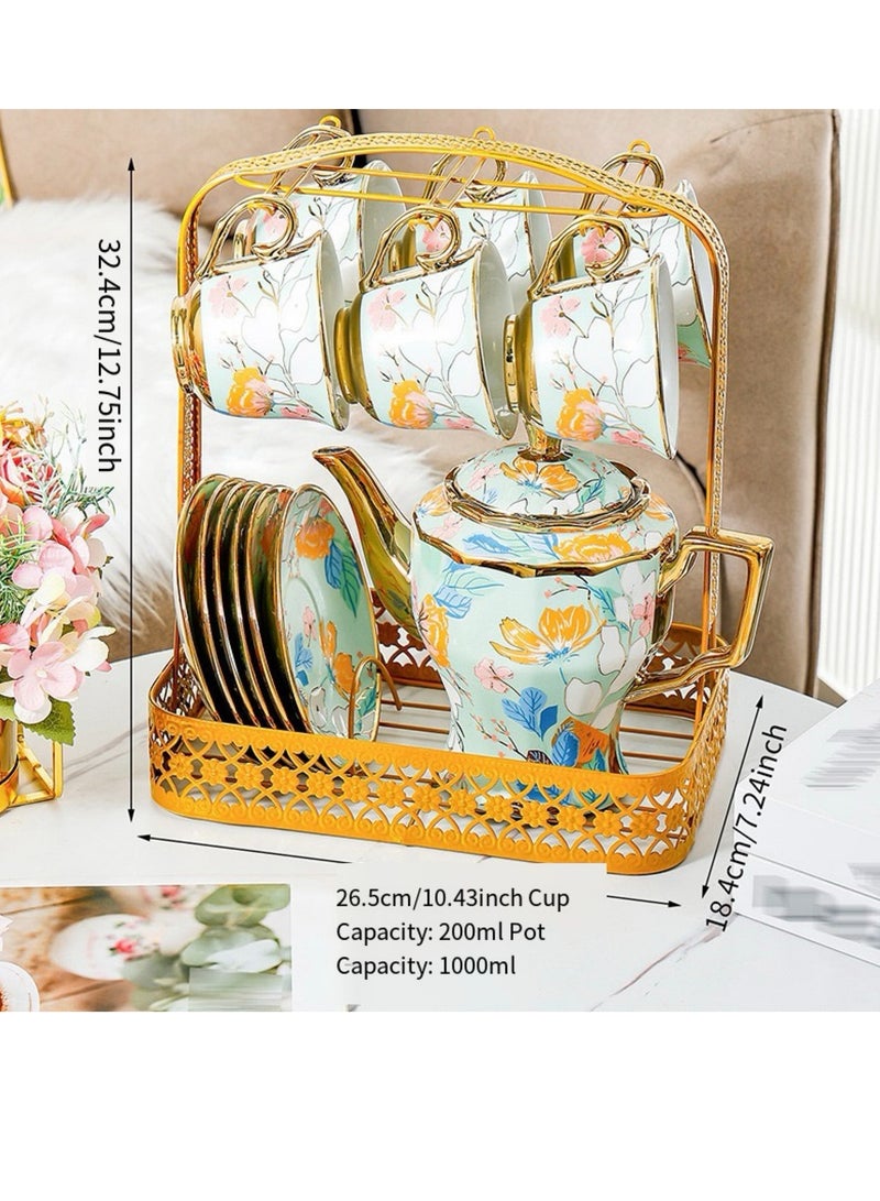 جوسكوين 14 قطع من أكواب القهوة البريطانية البورسلان مع أطباق الشاي والقدر حامل معدني، خدمة لـ 6، تصميم زهري أنيق باللون الأزرق، مجموعة شاي للنساء، مجموعة حفلة شاي، عبية هدية - Image 3